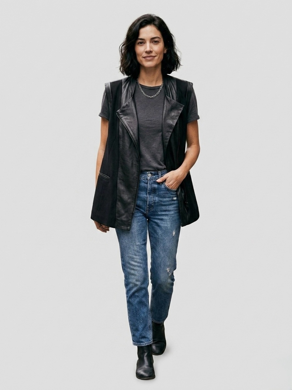CAPULET Black Leather Mixed Media Moto Vest Jacket Women’s XS Biker Asymmetric